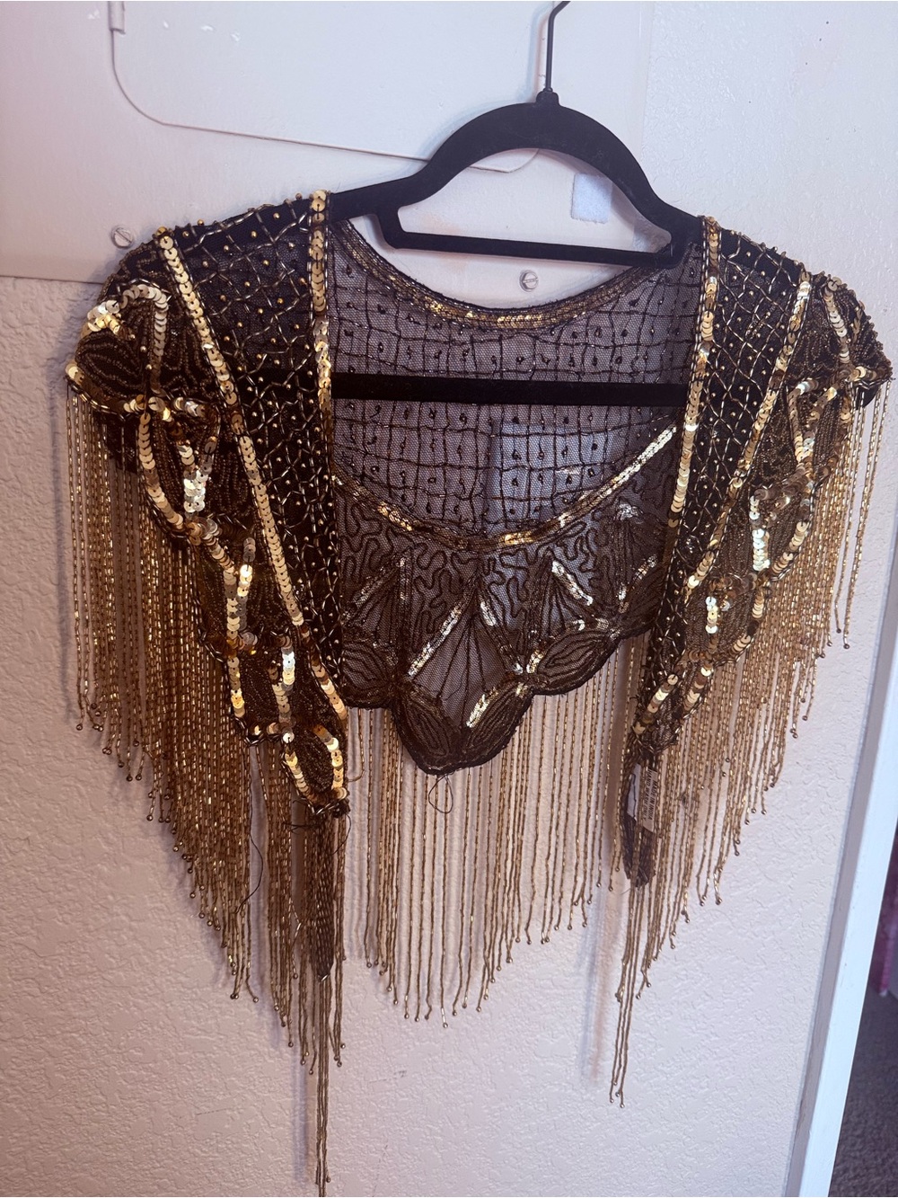 Vintage Beautiful Beaded Gold Fringe Shawl Accent- 1920s-40s Vibes